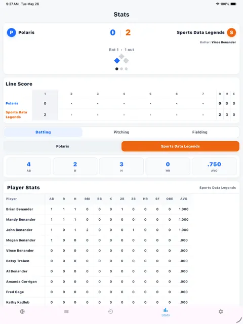 Skeep iPad stats screen with a line score and player batting statistics